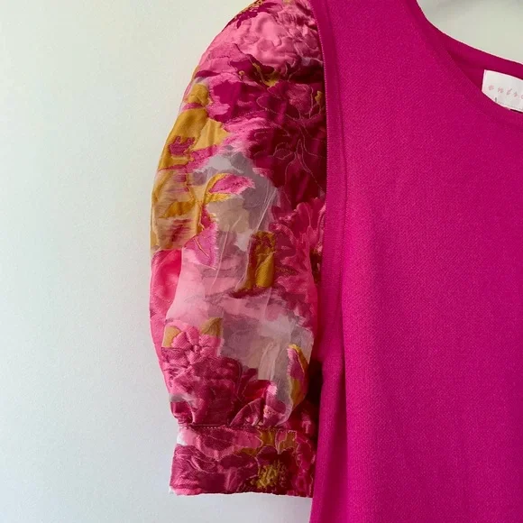 NEW Entro Hot Pink Puff Sleeve Peplum Bottom Shirt Top Sz L Sheer Floral Sleeves - Picture 2 of 5